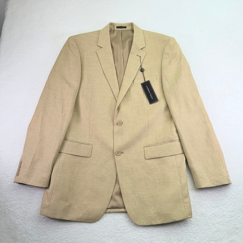 Andrew Fezza Blazer Mens 42L Long Beige Herringbone Linen Blend Sport Coat‎